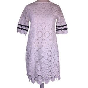 INA White Circle Lace Woman M Shift Dress Mini Black Trim Short Sleeve Dog Show